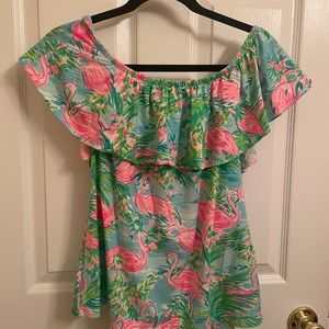 Lilly Pulitzer medium Top, pink and green flamingos